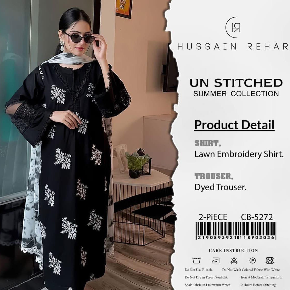 Embroidered Black Pattern  Lawn 2PCS Suit