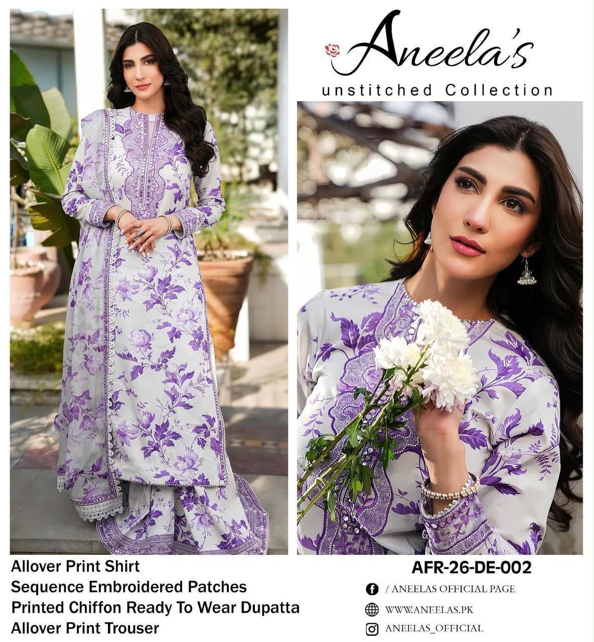 Luxury White & Purple Embroidered Lawn 3PCS Suit