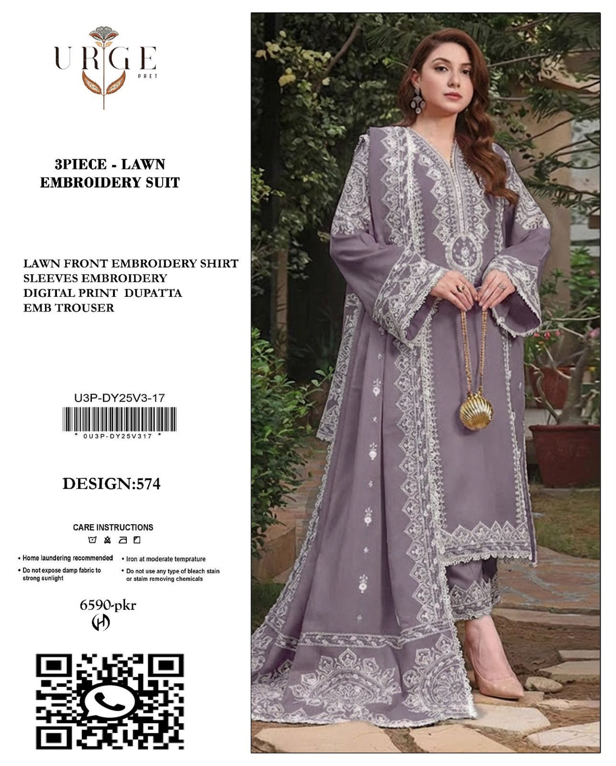 Embroidered Purple & White Lawn 3PCS Suit
