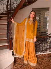 Luxury Rich yellow  Embroided Suits 3PCS Gharara