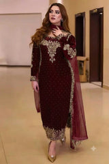 Luxury Black & Maroon  Embroided 3pcs suit