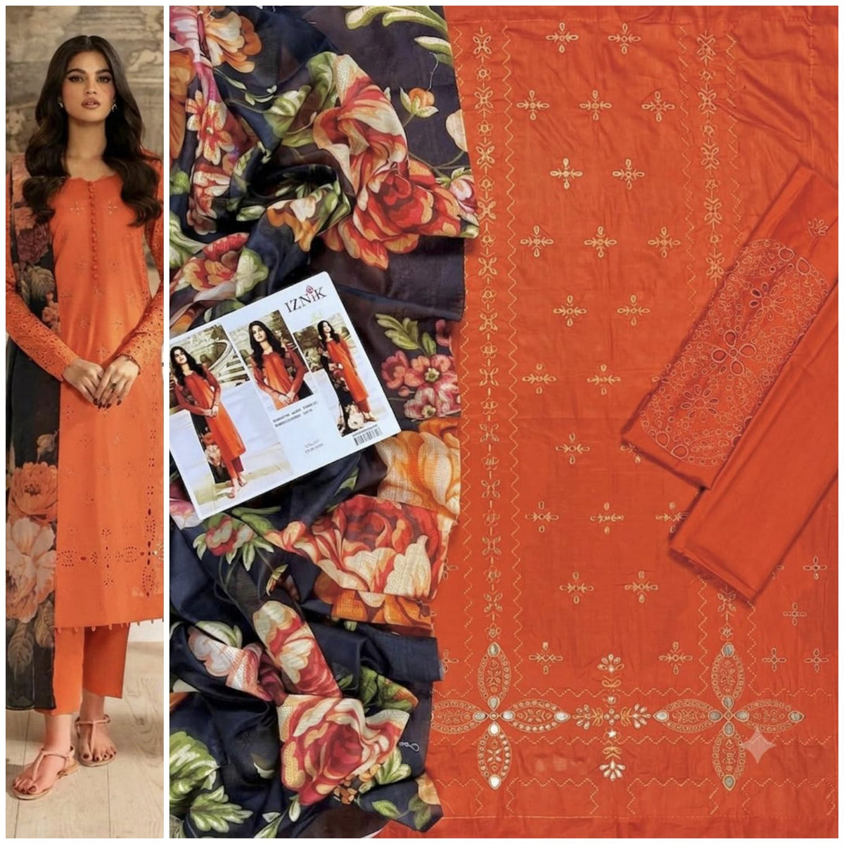Embroidered Orange Lawn 3PCS Suit
