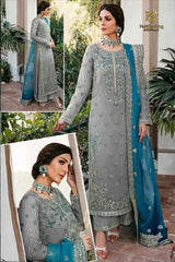 Luxury Silver & Yellow Green Embroided 3pcs suit