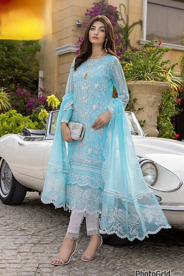 Premium Blue & Purple  Embroidered  3PCS Suit
