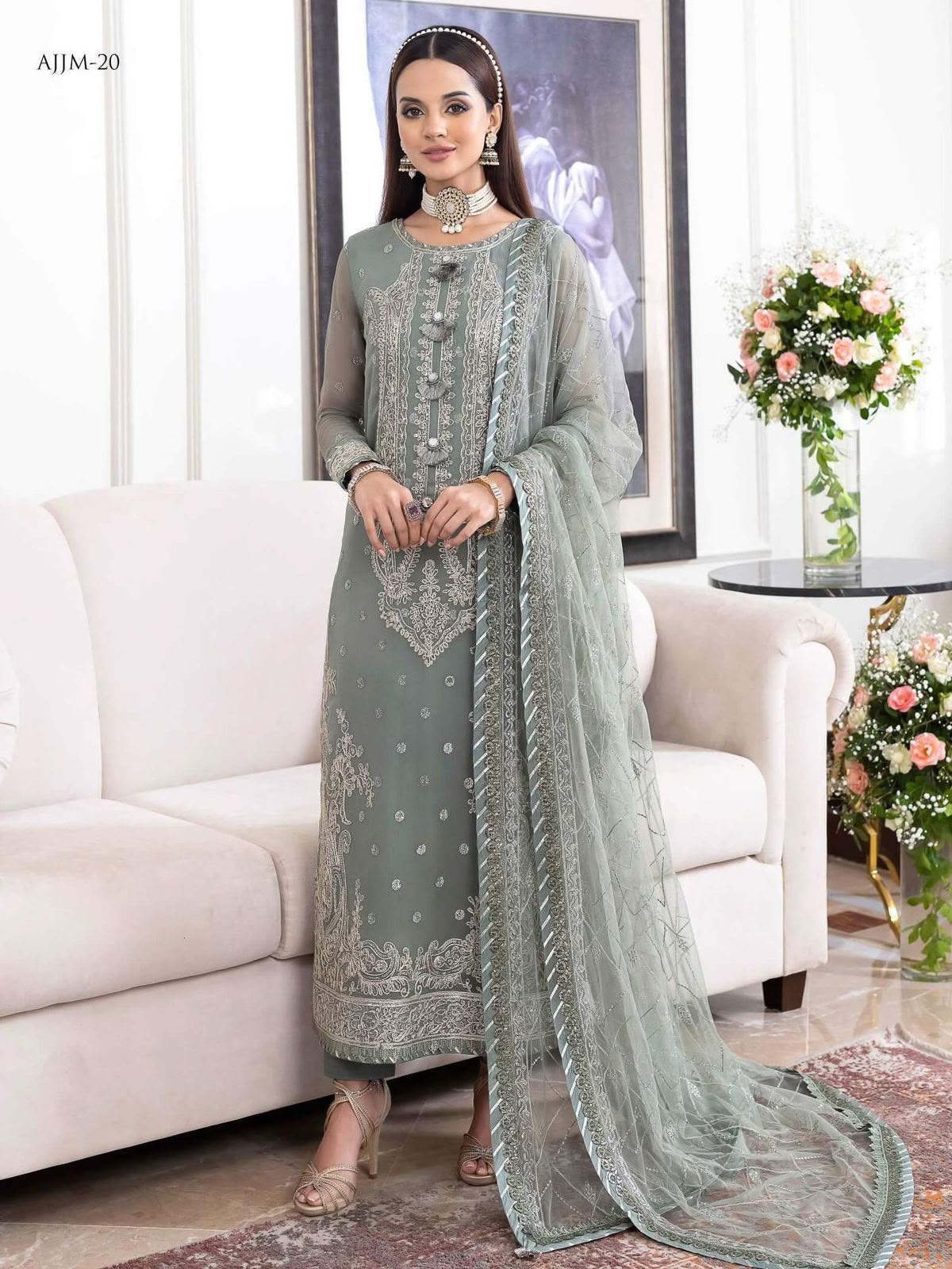 Luxury Purple & Silver  Embroided 3pcs suit