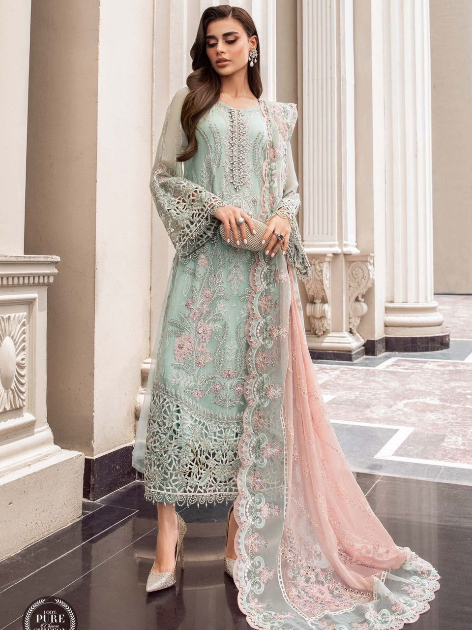 Luxury Pink & light Green Embroided 3pcs suit